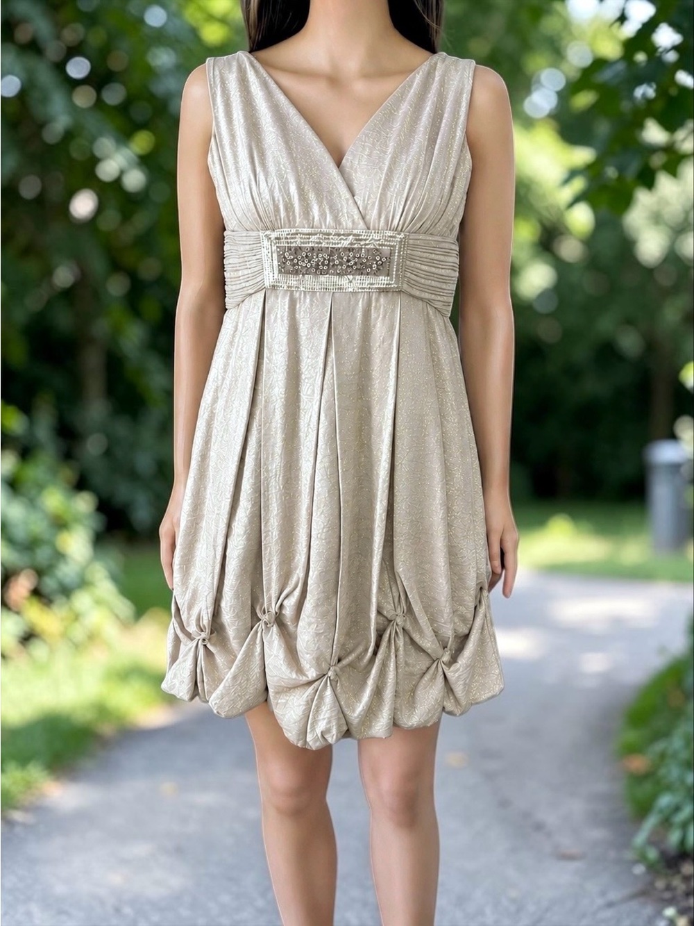 BCBG Max Azria Beige Champagne w/ Gold Shimmer Bubble Hem Dress Size 8
Y2K